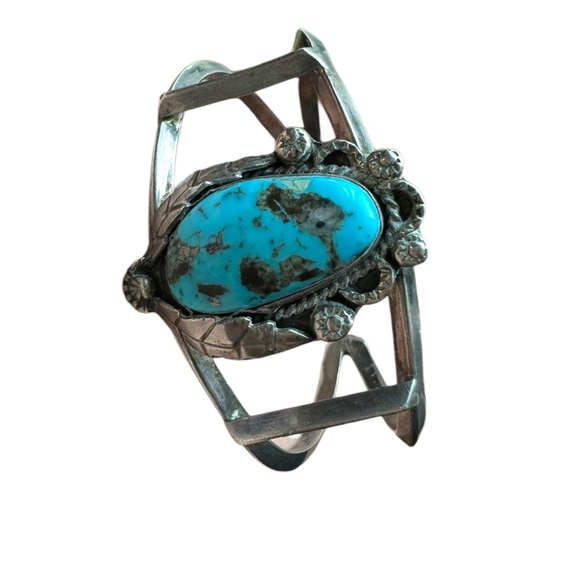 VINTAGE NATIVE AMERICAN NAVAJO BLUE GEM TURQUOISE STERLING SILVER BRACELET - Picture 1 of 4